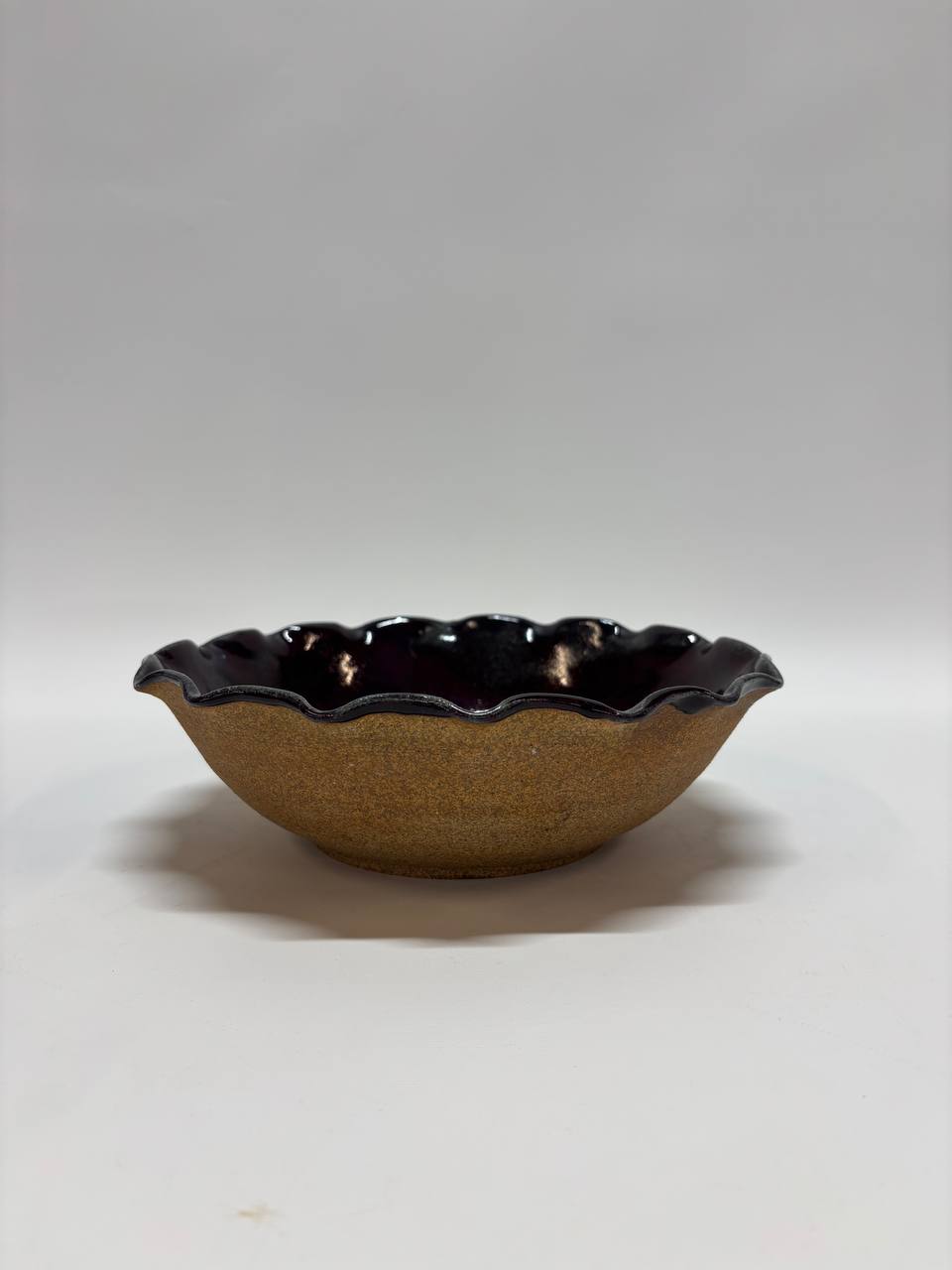 Handmade Ceramic Bowl – Deep Purple Glaze with Raw Unglazed Clay Exterior, Ruffled Edge Stoneware